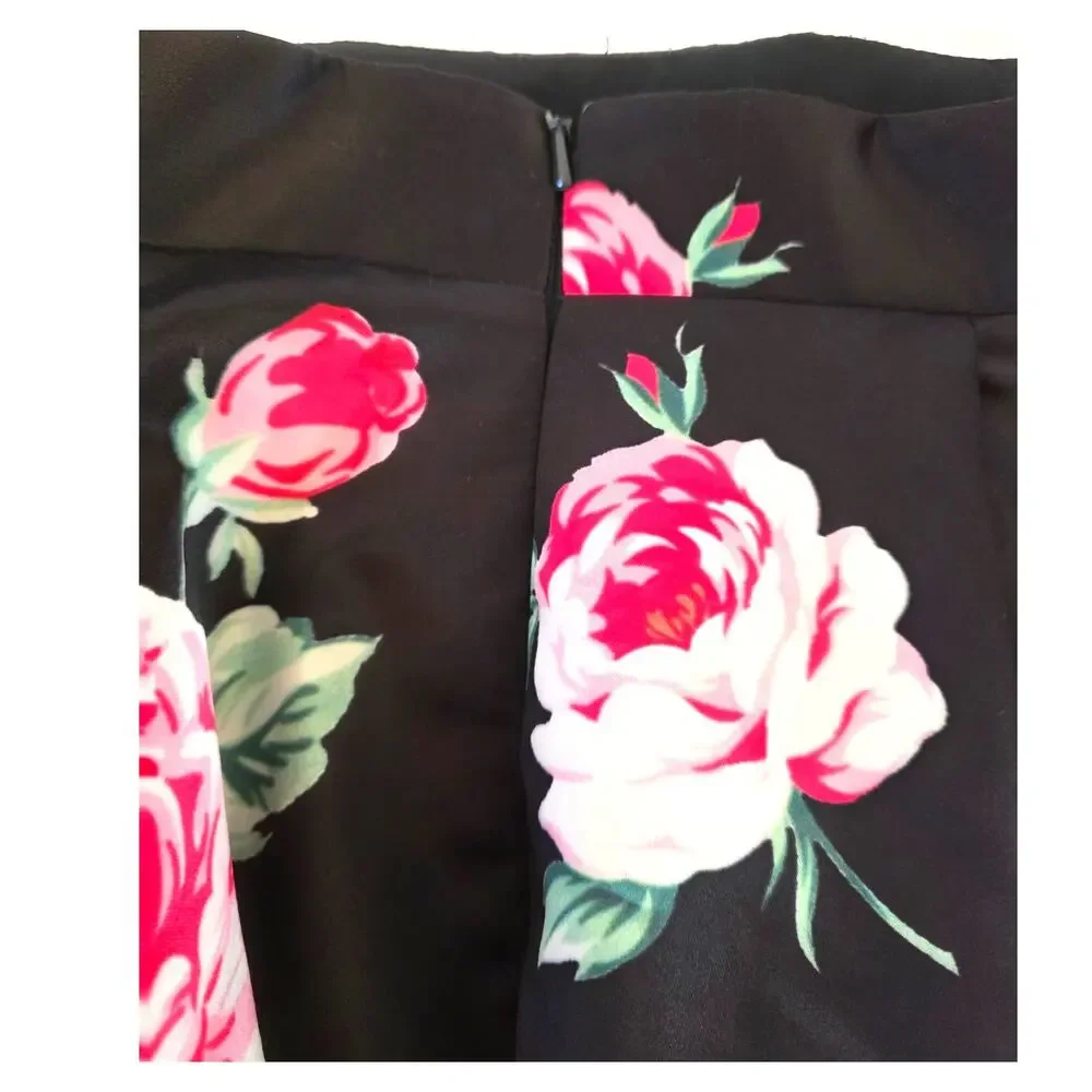 Black Pink Red Rose Silky Feel Mini Skater Skirt Pockets Fitted Waist Womens L
